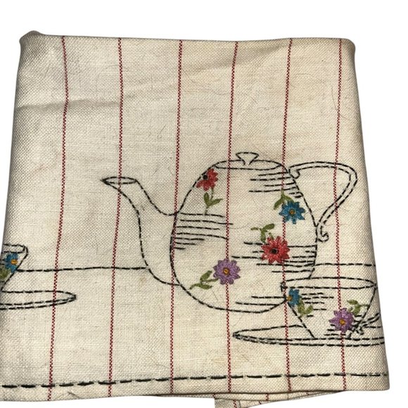 Vintage EMBROIDERY hand stitch  Tea for two teacups kettle tea towel - Picture 3 of 3